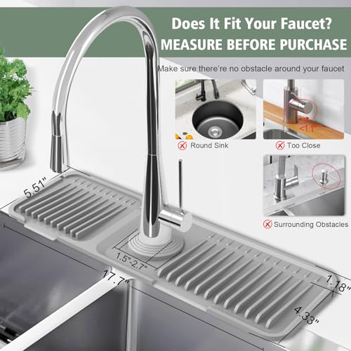 Hugro Tarfive 17.7-Inch Kitchen Sink Splash Guard Mat | 7° Slope for Fast Self-Draining | Snap-Lock Design | Universal & Cuttable Silicone Faucet Mat Gray - Image 3