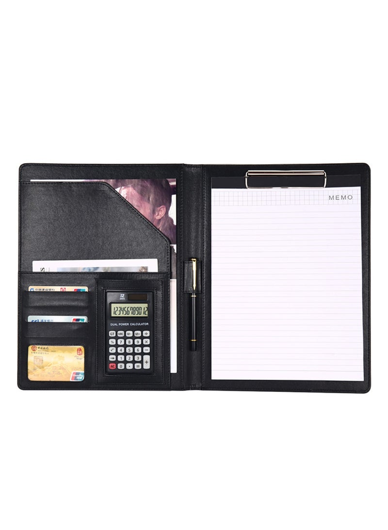 Padfolio Folder Clipboard, Professional Leather Office Conference Executive Business Portfolio Case with Document Sleeve A4 Size Clipboard, Card Holders, calculator, Black - Image 1