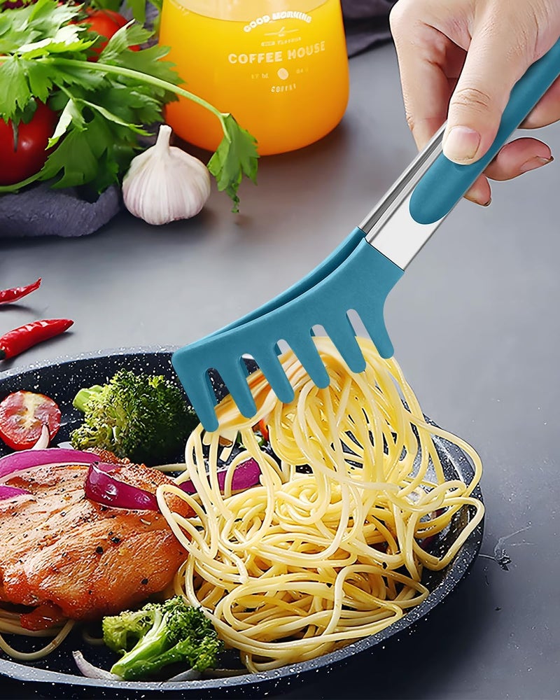 DaiRen Kitchen Spaghetti Spoon and Pasta Tong, Non-stick Silicone Spoon Server Fork With Teeth and Stainless Steel Handle, Food Clip for Noodles (Blue) - Image 4
