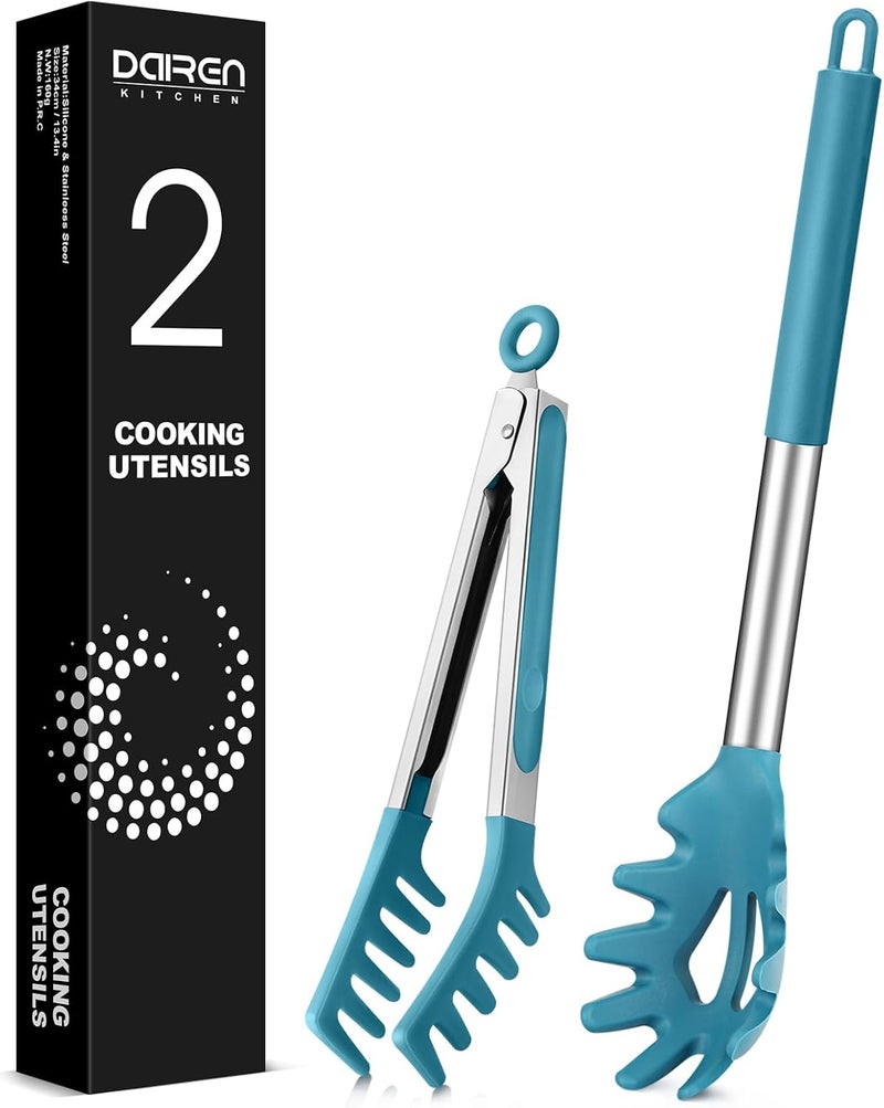 DaiRen Kitchen Spaghetti Spoon and Pasta Tong, Non-stick Silicone Spoon Server Fork With Teeth and Stainless Steel Handle, Food Clip for Noodles (Blue) - Image 1
