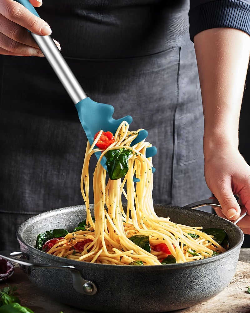 DaiRen Kitchen Spaghetti Spoon and Pasta Tong, Non-stick Silicone Spoon Server Fork With Teeth and Stainless Steel Handle, Food Clip for Noodles (Blue) - Image 5