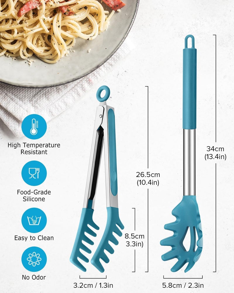DaiRen Kitchen Spaghetti Spoon and Pasta Tong, Non-stick Silicone Spoon Server Fork With Teeth and Stainless Steel Handle, Food Clip for Noodles (Blue) - Image 2