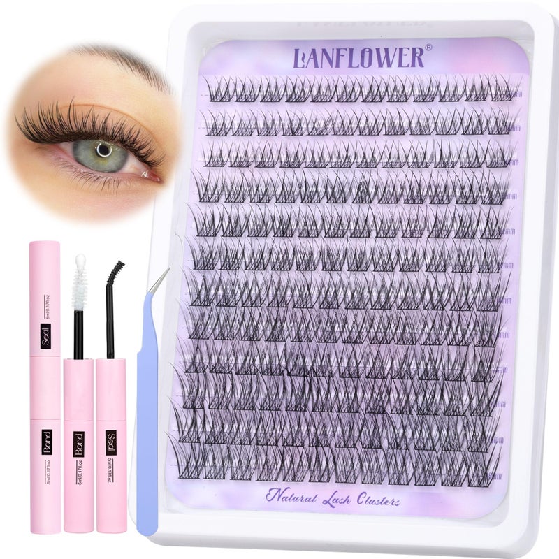 LANFLOWER Natural Lash Clusters Kit Wispy Lash Extension Kit Waterproof Lash Clusters C Curved Cluster Eyelash Extensions Kit 144pcs Individual Lashes 1016mm Eyelash Extension Kit by Lanflower