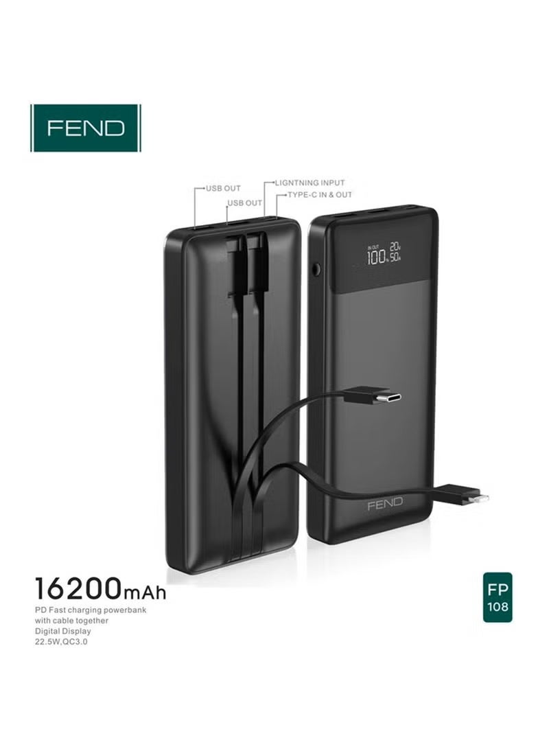 Fend FP108 16200mAh Power Bank with 22.5W Super Fast Charging, Digital LED Battery Display, Dual USB Output, Type-C Input/Output – Compact, High-Capacity, Travel-Friendly Portable Charger for Smartphones, Tablets, Wearables & Daily Use – Black Color - Image 1