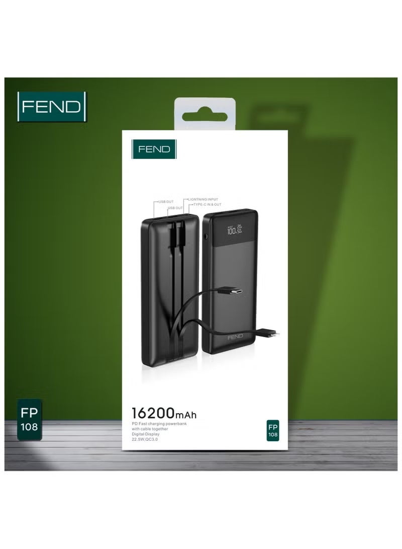 Fend FP108 16200mAh Power Bank with 22.5W Super Fast Charging, Digital LED Battery Display, Dual USB Output, Type-C Input/Output – Compact, High-Capacity, Travel-Friendly Portable Charger for Smartphones, Tablets, Wearables & Daily Use – Black Color - Image 2