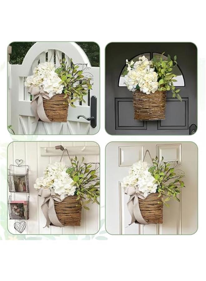 Cream Hydrangea Door Hanger Basket Wreath,|2024 Newest Wildflowers Door Hanging Basket Wreath|Front Door Beautiful Artificial Spring and Summer Wreath Welcome Sign| (White cream) - Image 3