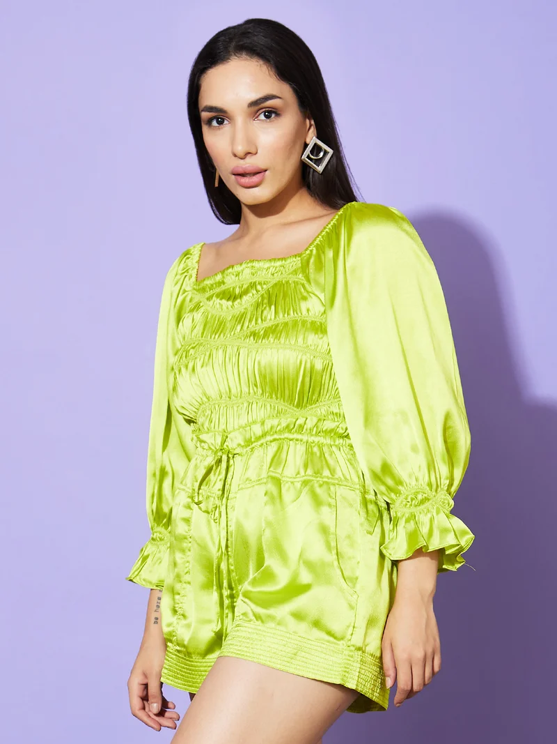 globus Globus Women Lime Green Square Neck Party Playsuit