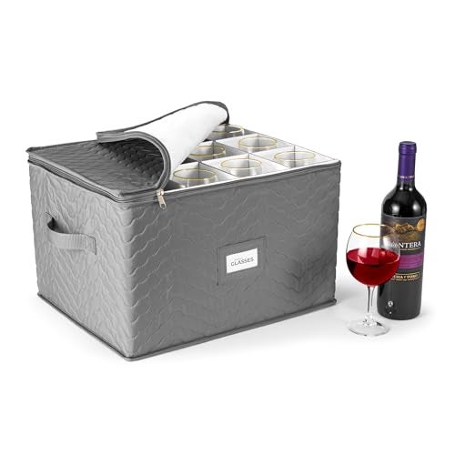 Sorbus Stemware Storage Cases Quilted Wine Glass Storage Box Case with Dividers and Handle China Storage Containers Holds 12 Crystal Glassware Red White Wine Glasses Champagne Flutes Goblets - Image 1