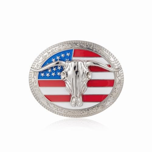 YOQUCOL QUKE American Western Cowboy USA Flag Rodeo Long Horn Bull Belt Buckle - Image 1