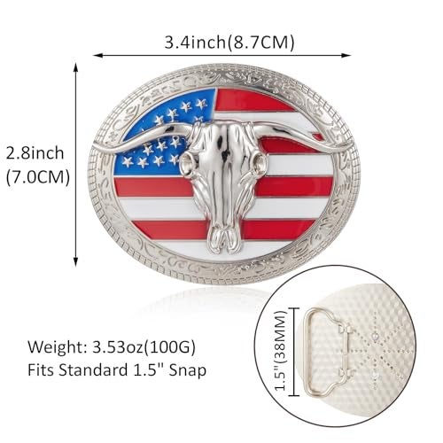 YOQUCOL QUKE American Western Cowboy USA Flag Rodeo Long Horn Bull Belt Buckle - Image 2