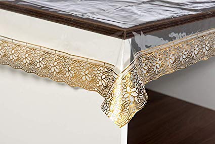 HOMECROWN Geometrical Embroidered Lace Design Waterproof Rectangular PVC 6 Seater Dining Table Cover with Golden Lace Size 60 X 90 Inches Transparent - Image 3