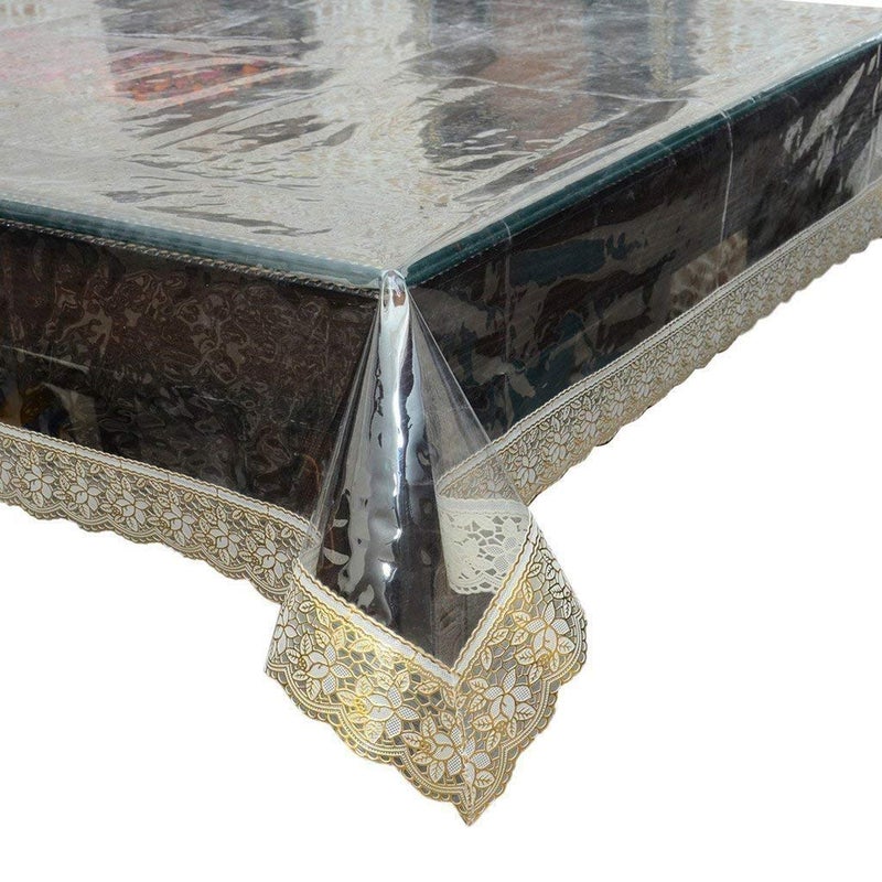 HOMECROWN Geometrical Embroidered Lace Design Waterproof Rectangular PVC 6 Seater Dining Table Cover with Golden Lace Size 60 X 90 Inches Transparent - Image 2