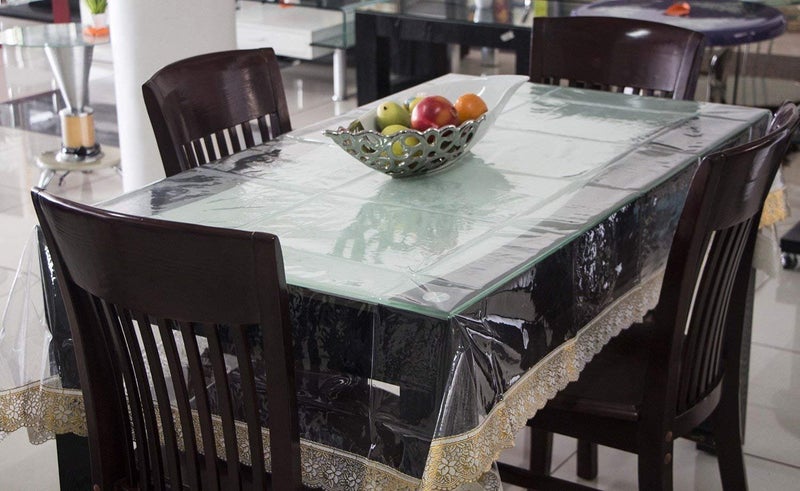 HOMECROWN Geometrical Embroidered Lace Design Waterproof Rectangular PVC 6 Seater Dining Table Cover with Golden Lace Size 60 X 90 Inches Transparent - Image 1