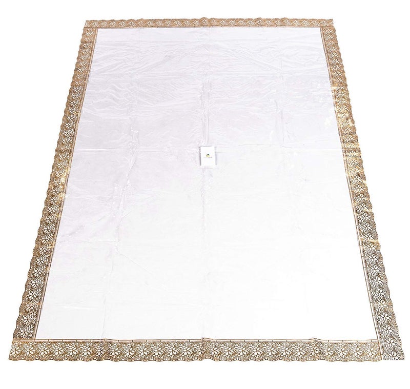 HOMECROWN Geometrical Embroidered Lace Design Waterproof Rectangular PVC 6 Seater Dining Table Cover with Golden Lace Size 60 X 90 Inches Transparent - Image 5