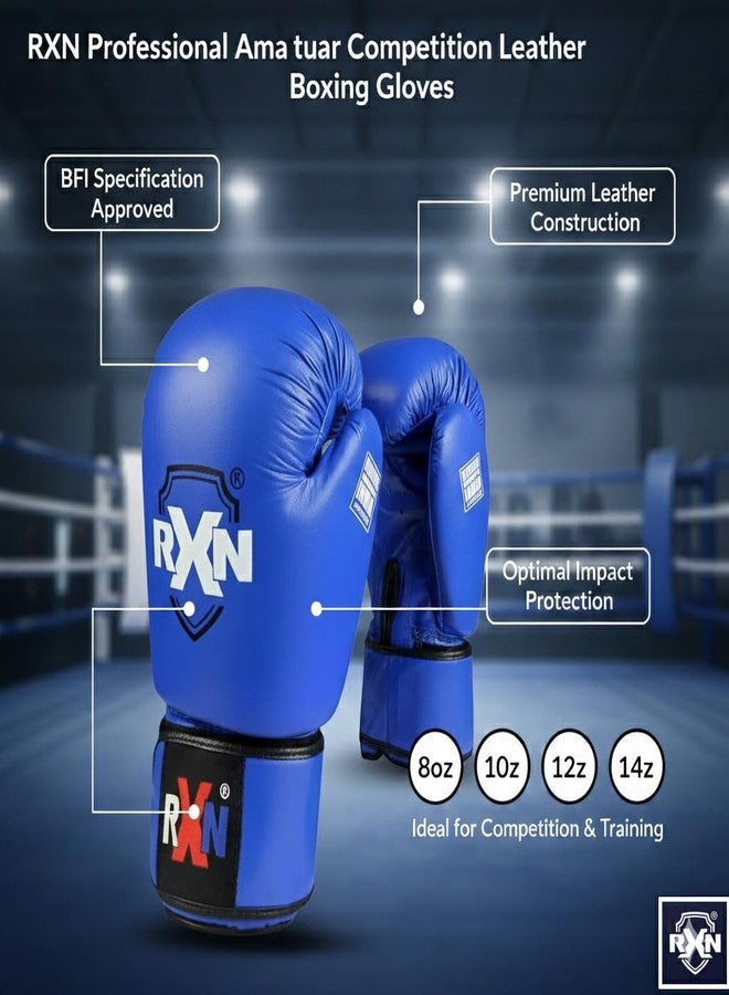 RXN Professional Amateur Competition Leather Boxing Gloves (Blue, 10OZ) BG-1 - Image 2