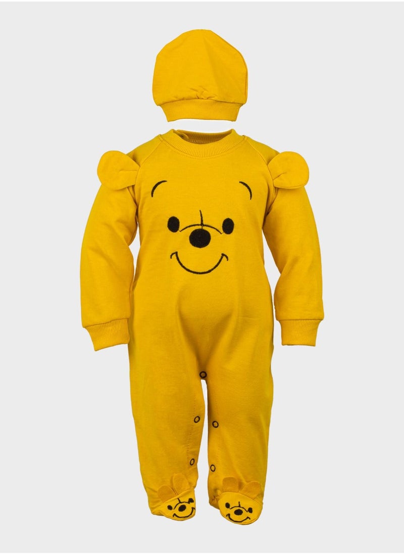 BABYCARA Turkish Cotton Baby Jumpsuit with Winnie Cosplay Design Snap Coverall and Matching Hat for Ages 3-12 Months Perfect Dress up Special Occasions or Everyday Wear  - Image 1
