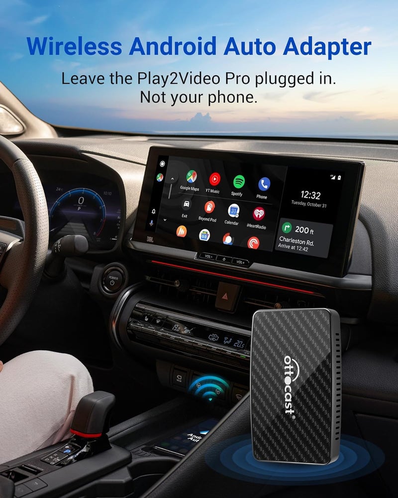 Ottocast Play2Video Pro, 2025 Wireless CarPlay Android Auto Adapter, Built-in YouTube/Netflix/Spotify/IPTV, Supports TF Card 5Ghz WiFi, Plug and Play,No Delay, for All Cars with Wired CarPlay - Image 2