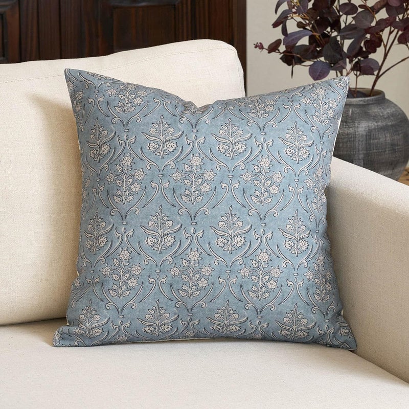 Amor Virisso Floral Pillow Covers 20x20 Inch Farmhouse Block Print Pillow Cover Accent Square Neutral Modern Decorative Throw Pillow Covers for Living Room Couch Bed Sofa Chair, Light Blue - Image 1
