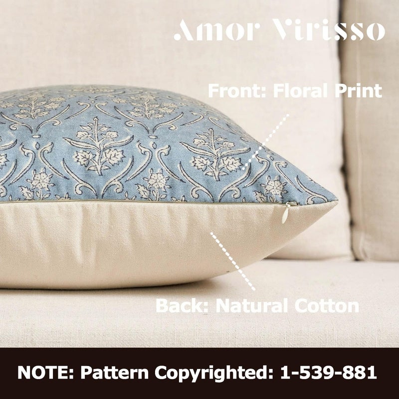 Amor Virisso Floral Pillow Covers 20x20 Inch Farmhouse Block Print Pillow Cover Accent Square Neutral Modern Decorative Throw Pillow Covers for Living Room Couch Bed Sofa Chair, Light Blue - Image 2