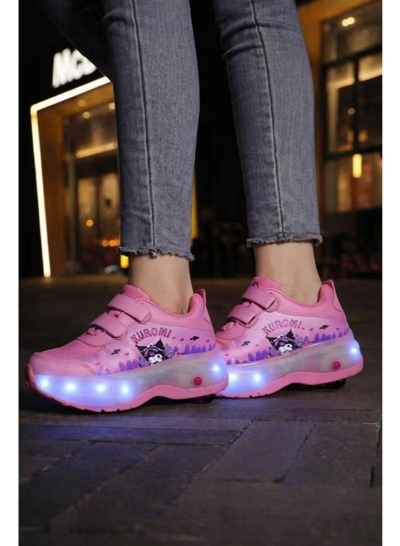 kuromi Kids Retractable Roller Skates Shoes with LED Light Up Wheels & Double Row Pulley - Comfortable Athletic Sneakers with Hook-and-Loop Straps Size 30 - Image 3