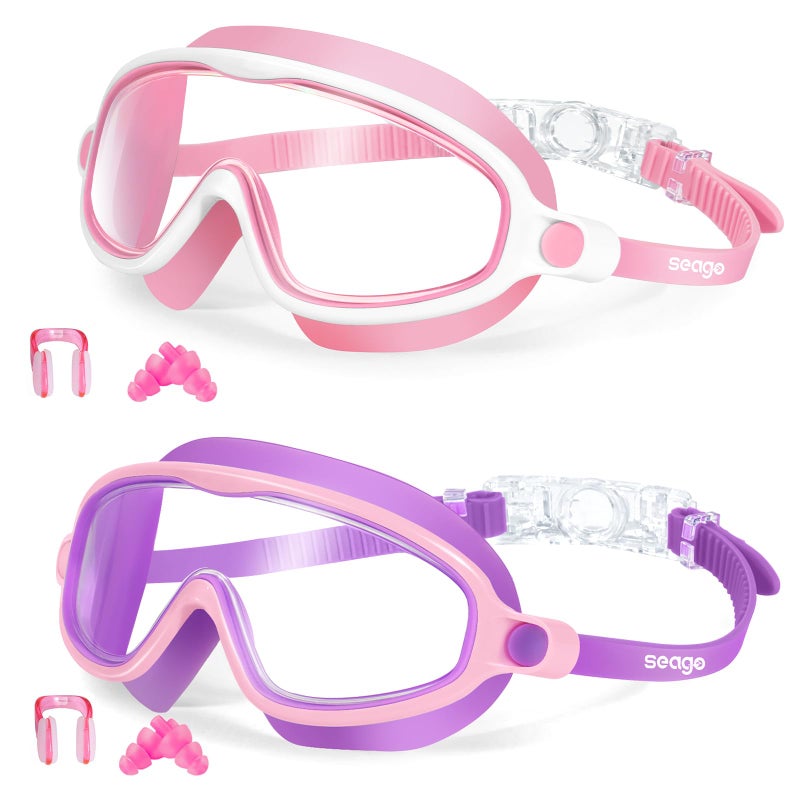 Seago Kids Goggles for Swimming 2 Pack No Leaking Anti-Fog Outer Eye Fit with Wide View UV Protection Crystal Clear Watertight Swim Goggles with nose cover Suitable for Children Youth Boys Girls Age 3 to 14 - Image 1