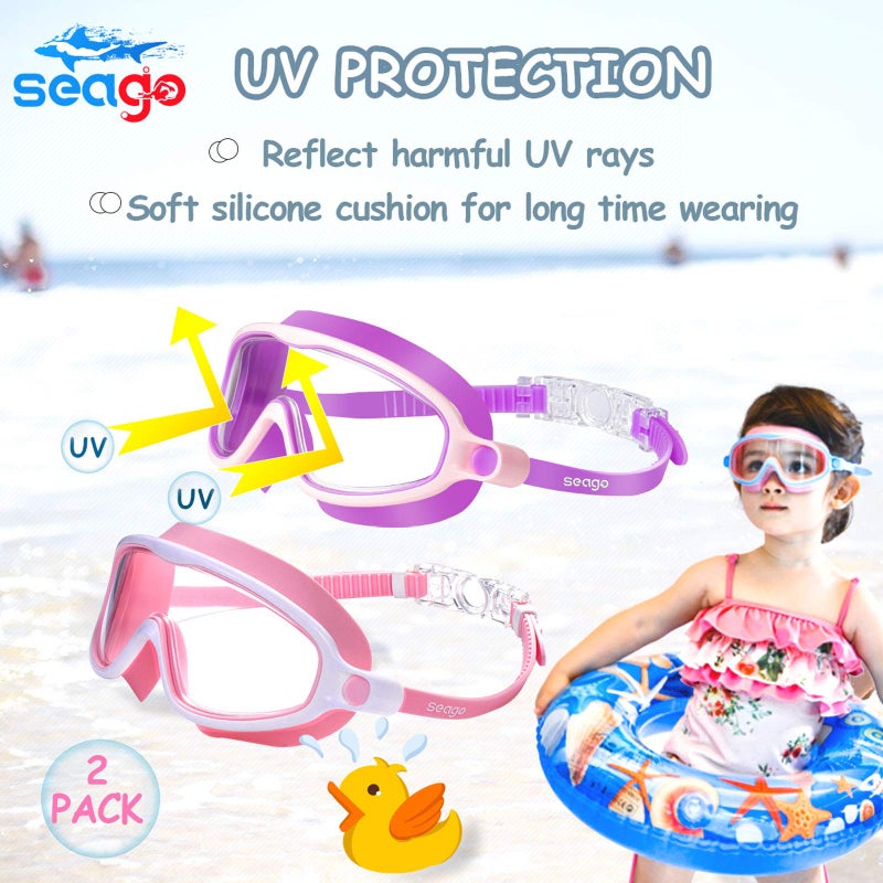 Seago Kids Goggles for Swimming 2 Pack No Leaking Anti-Fog Outer Eye Fit with Wide View UV Protection Crystal Clear Watertight Swim Goggles with nose cover Suitable for Children Youth Boys Girls Age 3 to 14 - Image 4