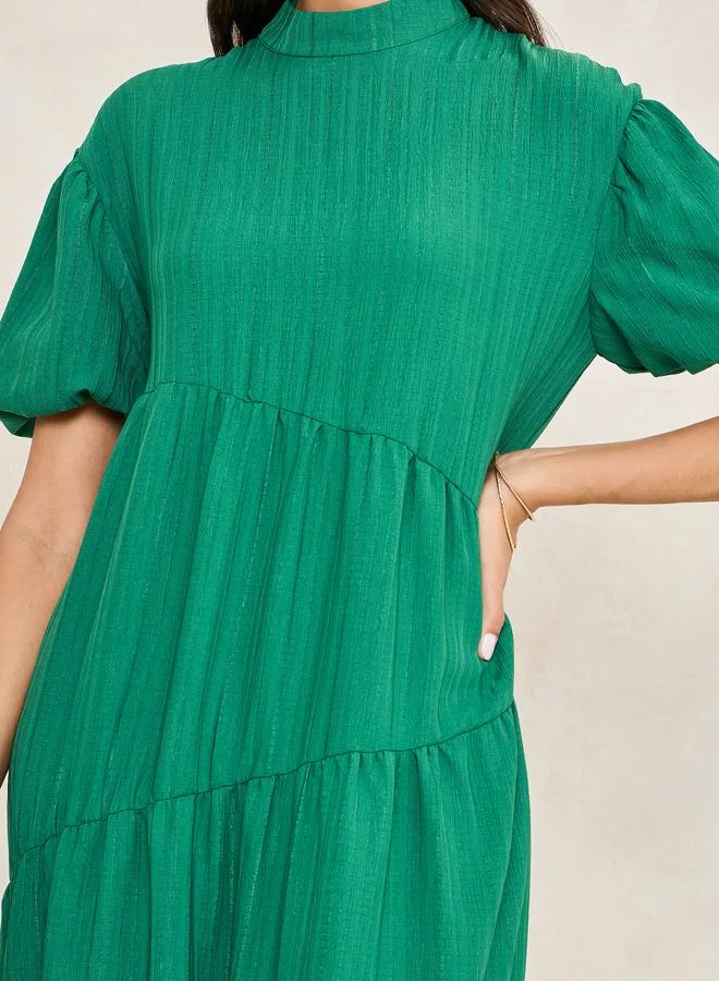 Styli Textured High Neck Tiered Maxi Dress
