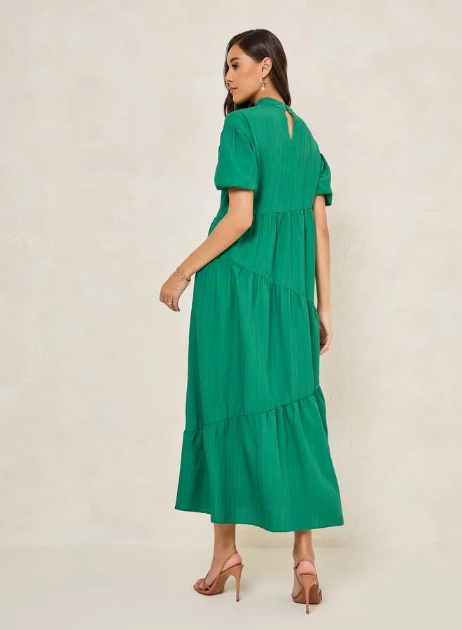 Styli Textured High Neck Tiered Maxi Dress