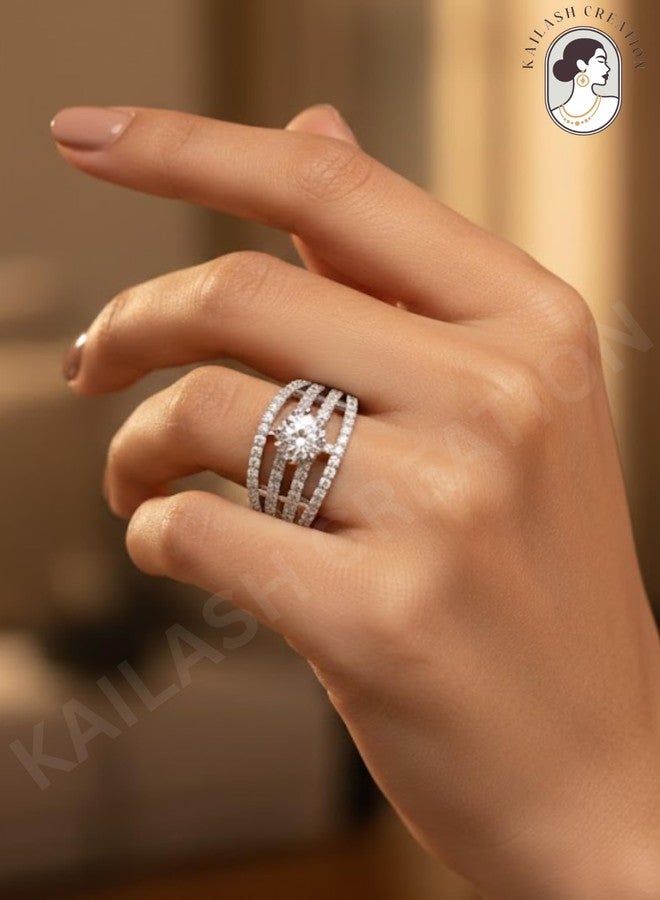 Kailash Creation American Diamond Adjustable Finger Ring for Women and Girls Stylish | Silver_Plated Sparkling AD Ring | Stylish Gift to Wife, Sister, Mother, Girlfriend on Birthday, Anniversary, Rakhi & Valentine Day - Image 2