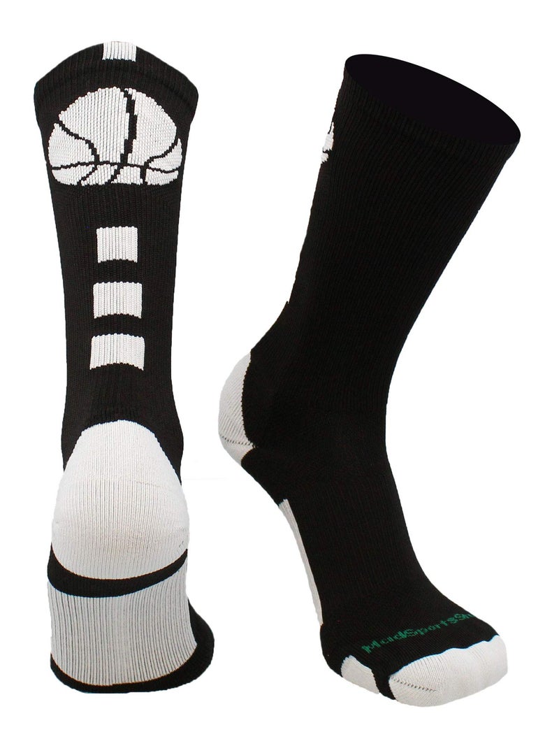 MadSportsStuff Basketball Socks with Basketball Logo Crew Socks (Black/White, X-Large) - Image 1