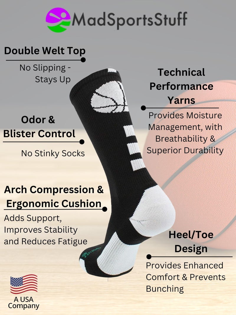 MadSportsStuff Basketball Socks with Basketball Logo Crew Socks (Black/White, X-Large) - Image 4