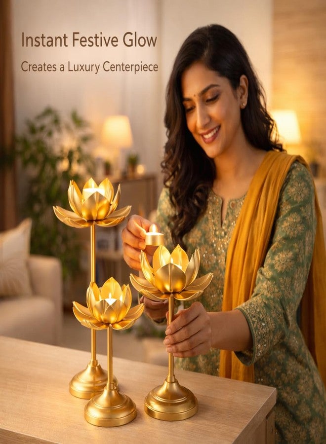 AGAAS Enterprises Lotus Tealight Candle Holder Set of 3 | Golden Metal Lotus Diya Stand | Diwali Decor | Mandir Pooja Decor | Wedding Table Centerpiece | Living Room Home Decor | 12/10/8 Inch - Image 4