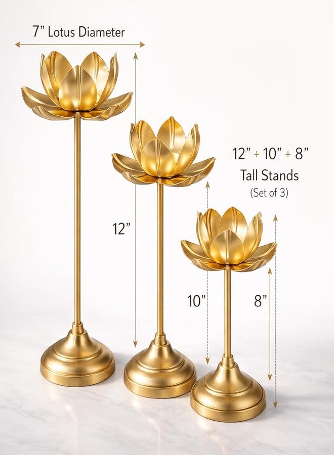 AGAAS Enterprises Lotus Tealight Candle Holder Set of 3 | Golden Metal Lotus Diya Stand | Diwali Decor | Mandir Pooja Decor | Wedding Table Centerpiece | Living Room Home Decor | 12/10/8 Inch - Image 2