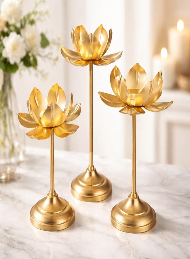 AGAAS Enterprises Lotus Tealight Candle Holder Set of 3 | Golden Metal Lotus Diya Stand | Diwali Decor | Mandir Pooja Decor | Wedding Table Centerpiece | Living Room Home Decor | 12/10/8 Inch - Image 1