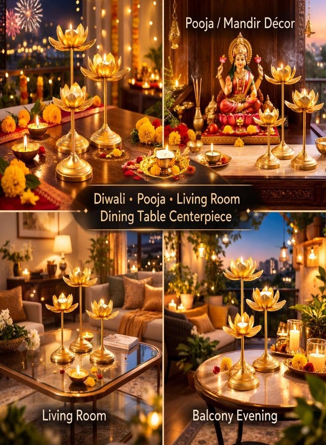 AGAAS Enterprises Lotus Tealight Candle Holder Set of 3 | Golden Metal Lotus Diya Stand | Diwali Decor | Mandir Pooja Decor | Wedding Table Centerpiece | Living Room Home Decor | 12/10/8 Inch - Image 5