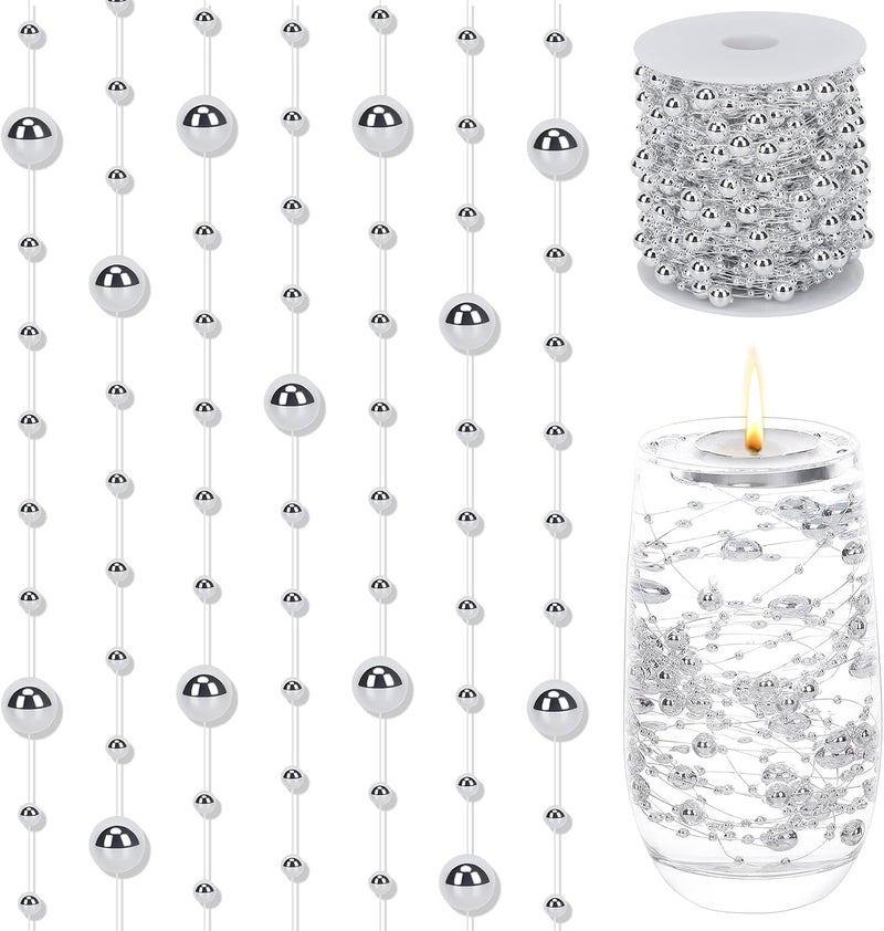 Suream 98Ft/30M Artificial Pearls String, Faux String of Pearls for Christmas Tree, Roll Silver Plated Pearl String for Birthday Wedding Centerpieces Bridal Bouquet Crafts Decoration - Image 1
