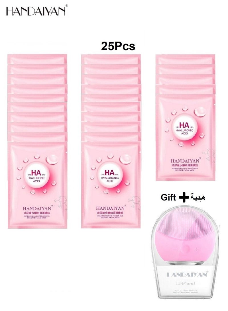 Handaiyan A set of 25 hyaluronic acid masks to moisturize and re-balance the lipids of the face with a gift of cleaning tool in pink color - Image 1