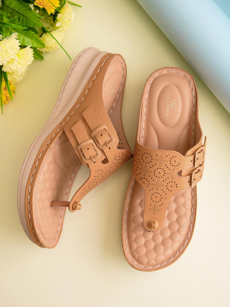 XE Looks Women's Beige Orthopedic Doctor Slippers | Dual Adjustable Buckle Design with Toe Support | Cushioned Wedge Sole for Doctor Slippers For Girls & Women - Image 2