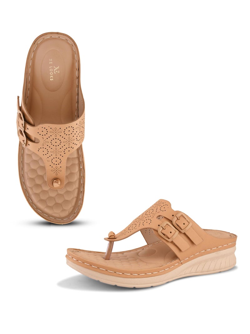 XE Looks Women's Beige Orthopedic Doctor Slippers | Dual Adjustable Buckle Design with Toe Support | Cushioned Wedge Sole for Doctor Slippers For Girls & Women - Image 1