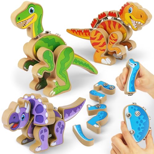 Coogam Build Your Own Dinosaurs Toy Snap Together Building Dinosaurs Playset Wooden STEM Take Apart Dinosaur Builder Montessoi Fine Motor Building Toy Gift for 3 4 5 Years Old Kids - Image 1