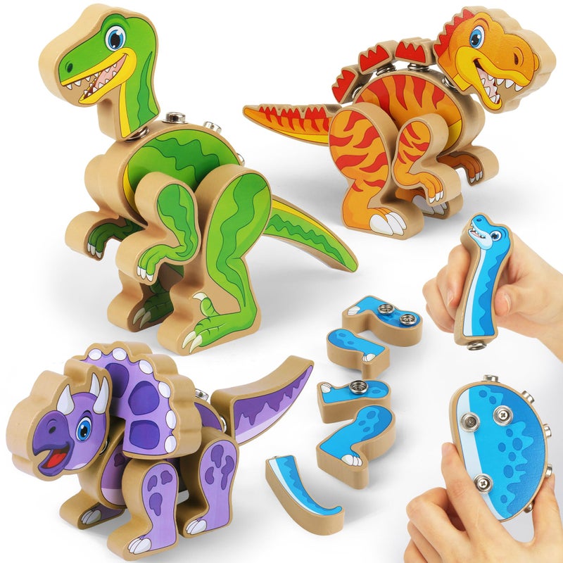 Coogam Build Your Own Dinosaurs Toy Snap Together Building Dinosaurs Playset Wooden STEM Take Apart Dinosaur Builder Montessoi Fine Motor Building Toy Gift for 3 4 5 Years Old Kids - Image 3