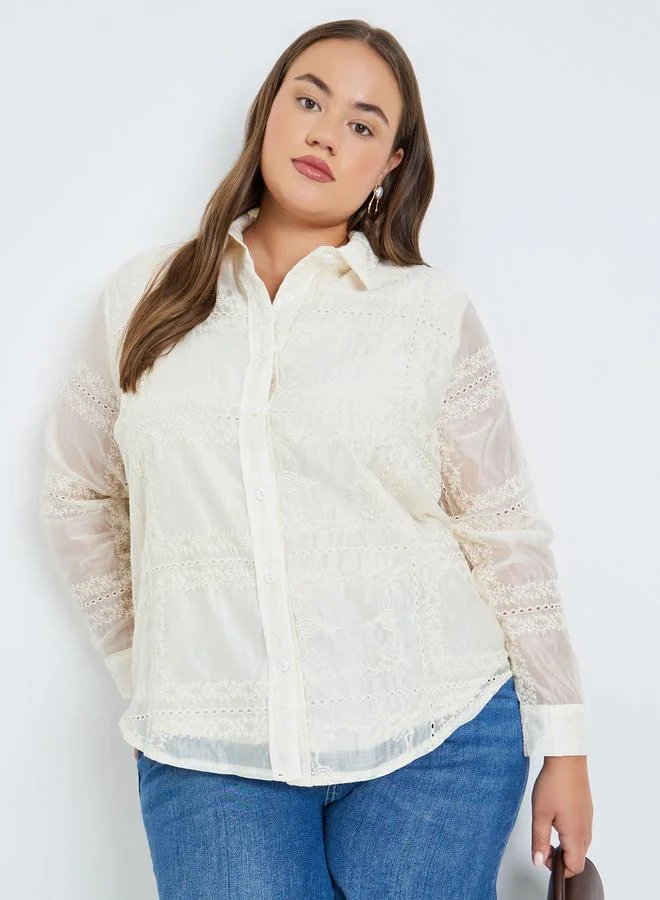 Styli Plus Size Off-White Floral Embroidered Shirts