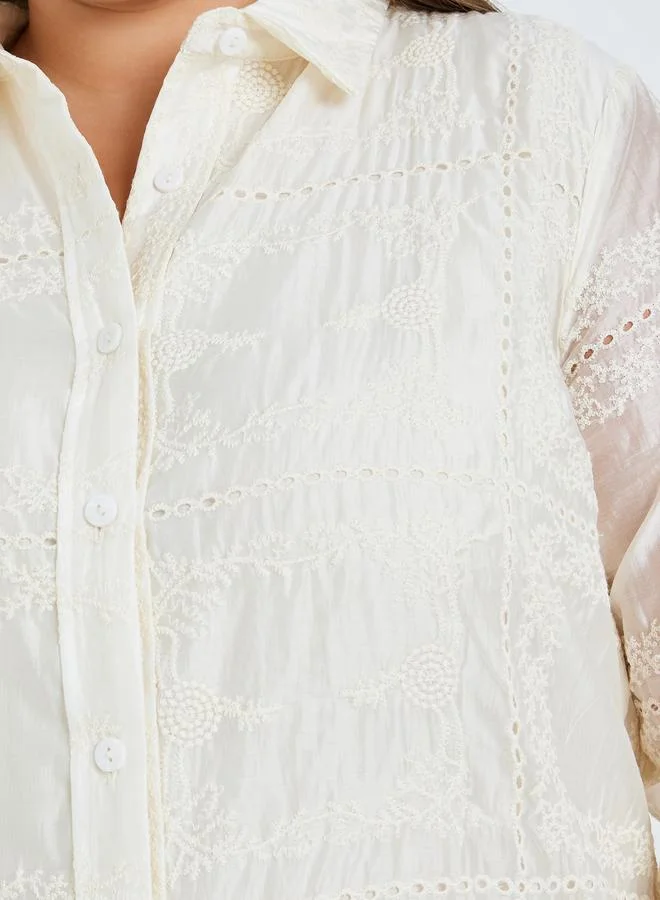 Styli Plus Size Off-White Floral Embroidered Shirts