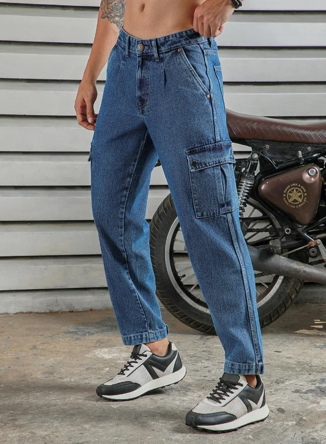 Men's Indigo 100% Cotton Bleached Full Length Tapered Fit Jeans