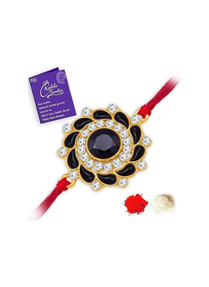 سوكهي Sukhi Rakhi مصمم زهور كوندان أنيق مطلي بالذهب راخي فاخر للأخ مع رولي شوال وبطاقة تهنئة راخي لبهايا راخي للرجال كوندان راخي  - Image 1