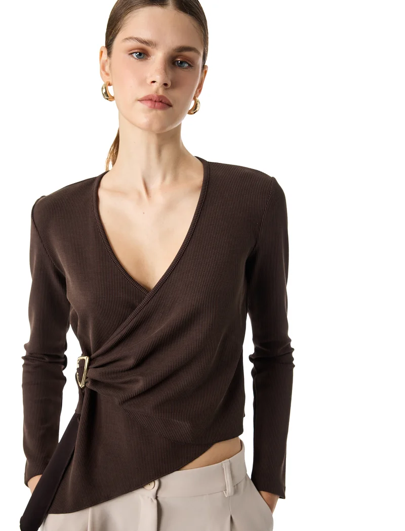 كوتون Long Sleeve Wrap Blouse