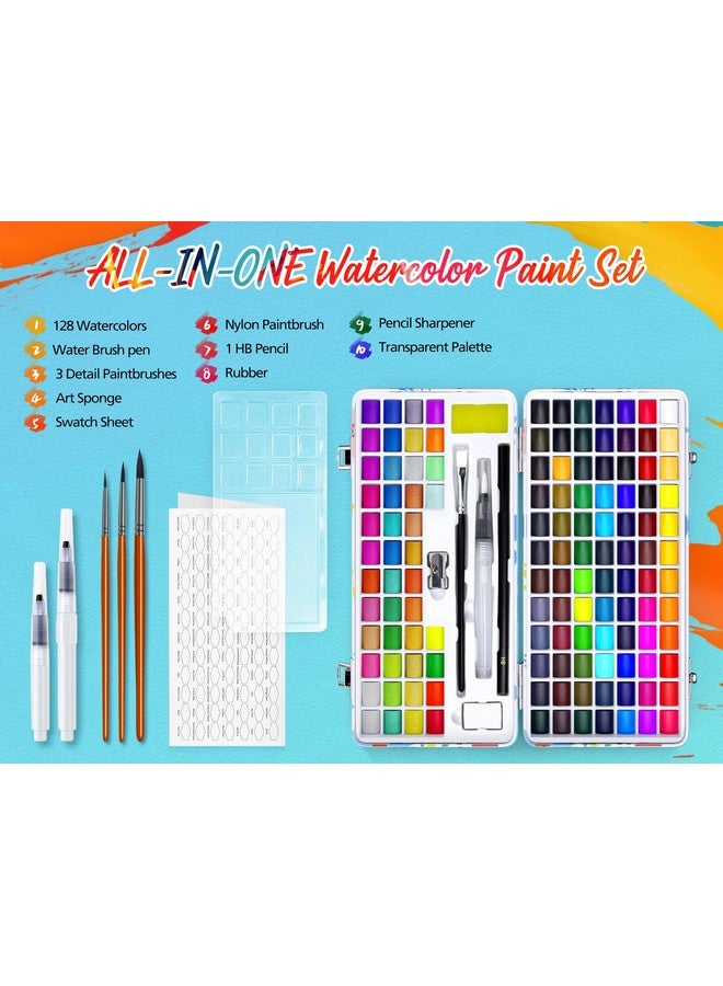 Caliart 128 Colors Washable Watercolor Paint Set With 4 Brushes, Portable Travel Water Color Kit With Carrying Case, Palette And Accessories, Non-Toxic Art Supplies Gift For Artists Adult Teen Kids Girls Boys - Image 4
