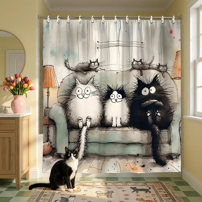 TSLOVER Kawaii Cartoon Cat Shower Curtains,Cute Cat Bathroom Decor for Kids Women,Funny Waterproof Polyester Bath Curtains for Home Decor,72x72 Inch - Image 1