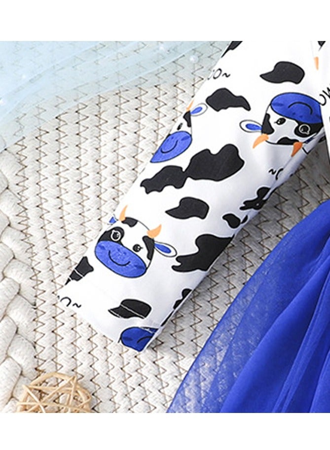 Baby Girl Birthday Party Dress, 18-24 Months, Cartoon Cow Print Top with Blue Tulle Skirt and Big Bow, Special Occasion and Casual Toddler Outfit, Cute Long Sleeve Infant Dress - Image 2