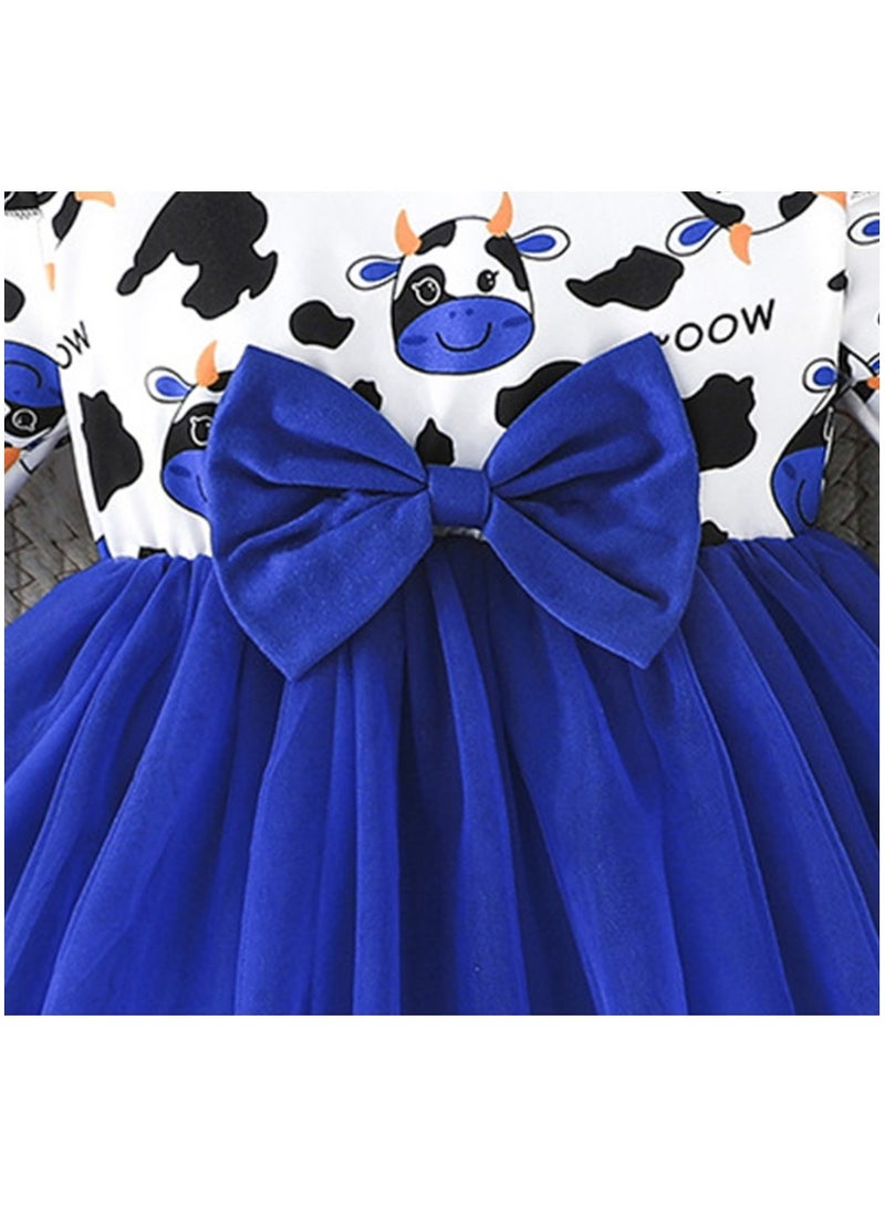 Baby Girl Birthday Party Dress, 18-24 Months, Cartoon Cow Print Top with Blue Tulle Skirt and Big Bow, Special Occasion and Casual Toddler Outfit, Cute Long Sleeve Infant Dress - Image 4